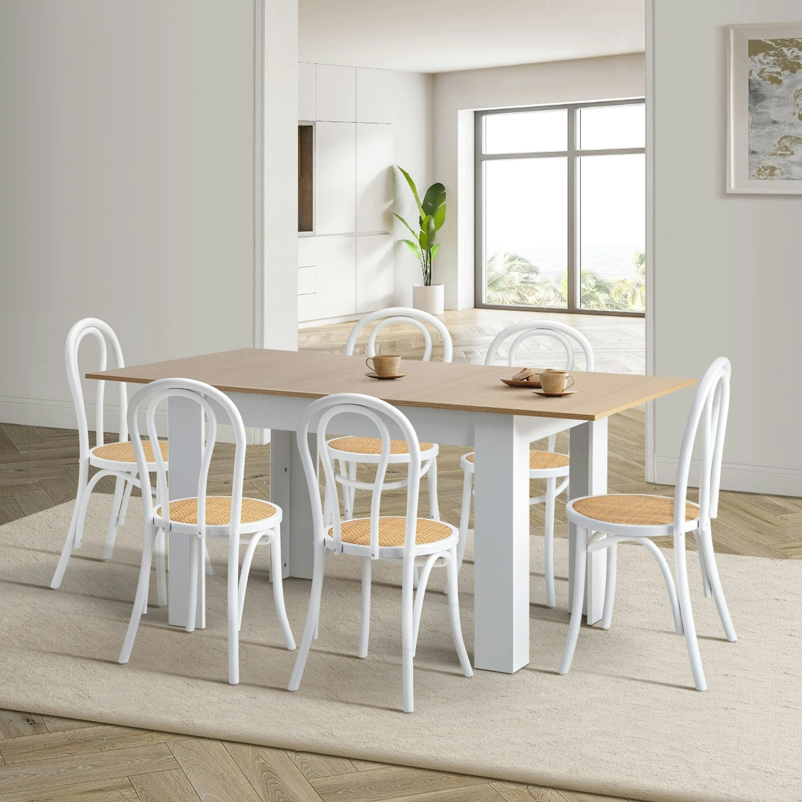 Oikiture 7PCS Dining sets 160cm Extendable Table with Crossback Chairs White