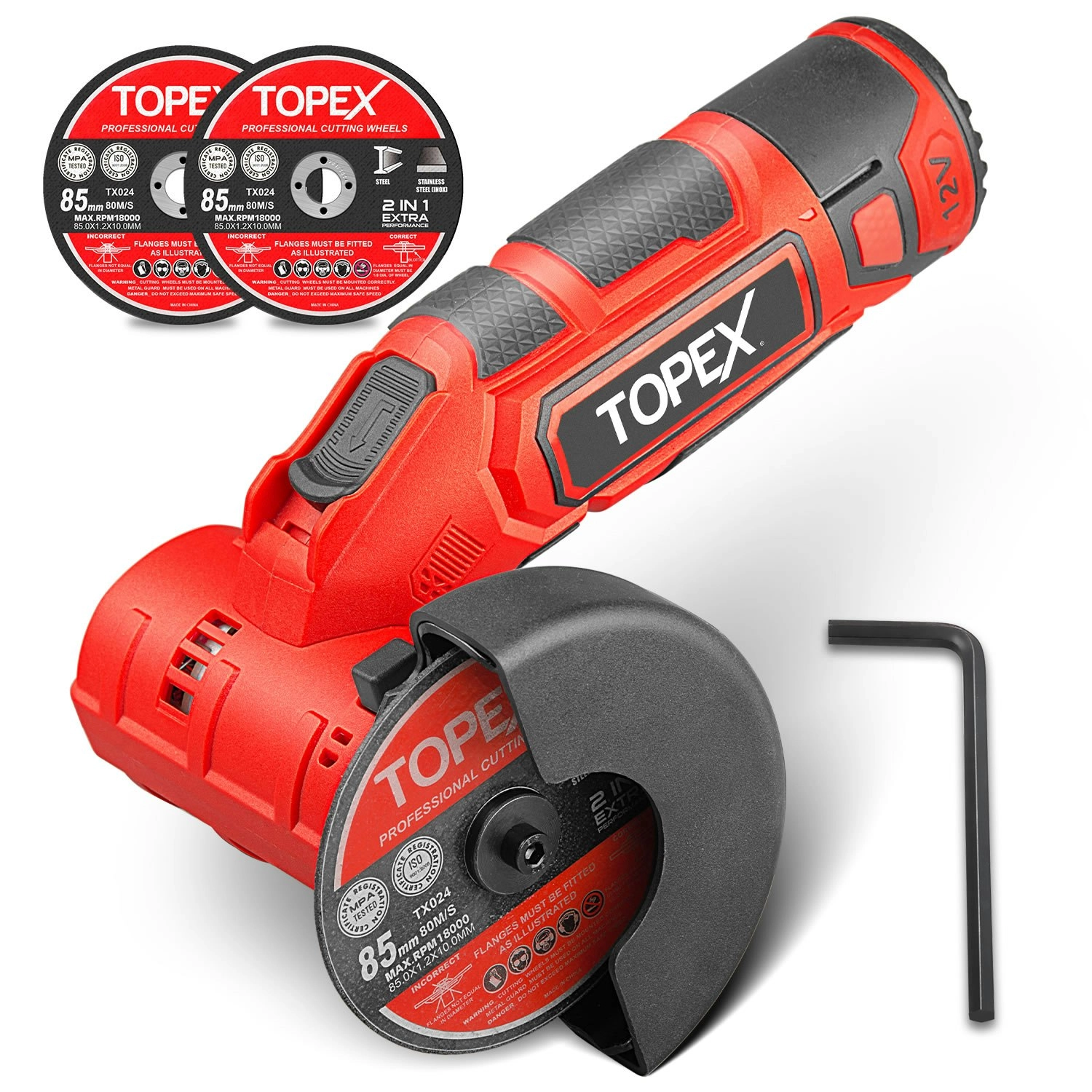 Topex 12V Cordless Angle Grinder 1 Wrench for Metal and Wood w/12V 2.0Ah Lithium-Ion Battery&14.4V /0.4A charger