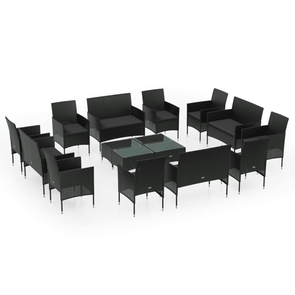 16 Piece Garden Lounge Set with Cushions Poly Rattan Black 3095954