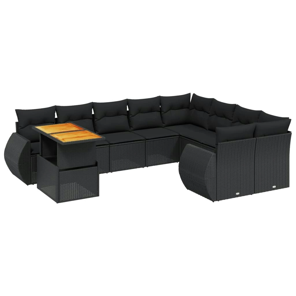 10 Piece Garden Sofa Set with Cushions Black Poly Rattan 3272357