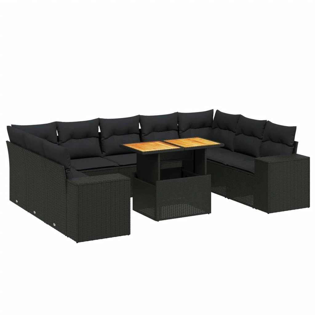 10 Piece Garden Sofa Set with Cushions Black Poly Rattan 3272777