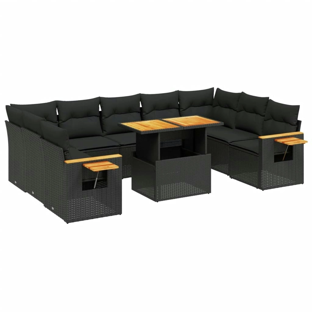 10 Piece Garden Sofa Set with Cushions Black Poly Rattan 3273659