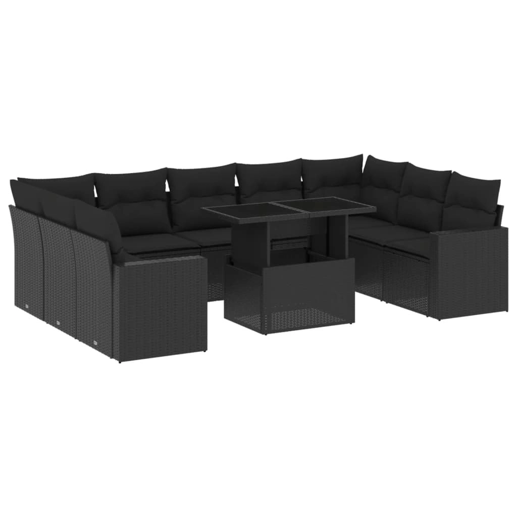 10 Piece Garden Sofa Set with Cushions Black Poly Rattan 3267475