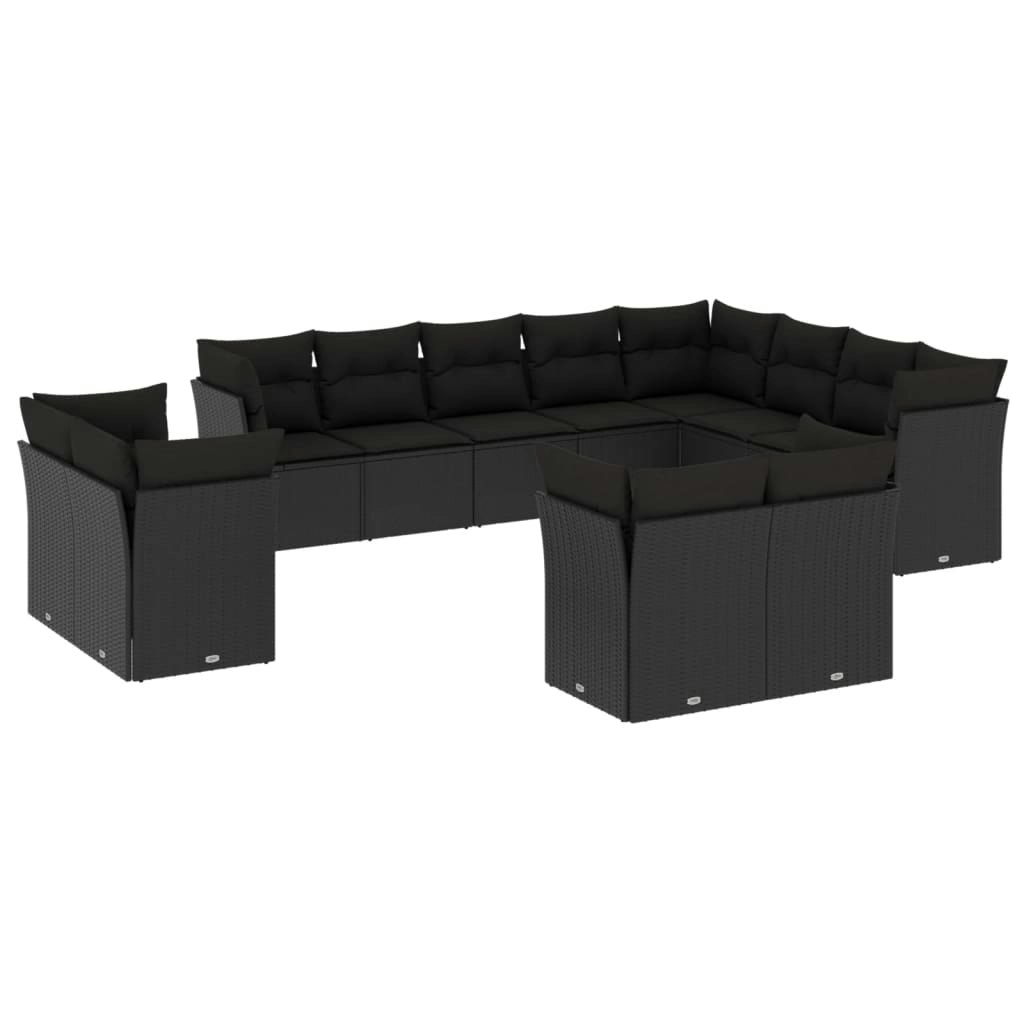 12 Piece Garden Sofa Set with Cushions Black Poly Rattan 3218525