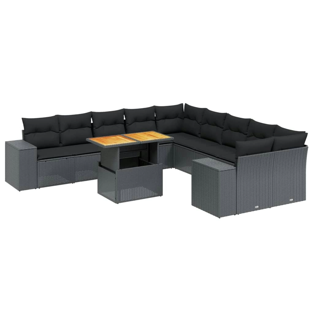 11 Piece Garden Sofa Set with Cushions Black Poly Rattan 3272826