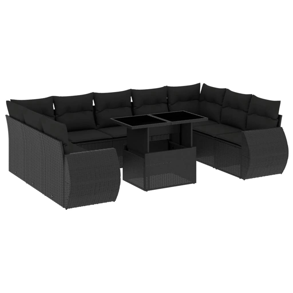 10 Piece Garden Sofa Set with Cushions Black Poly Rattan 3268735