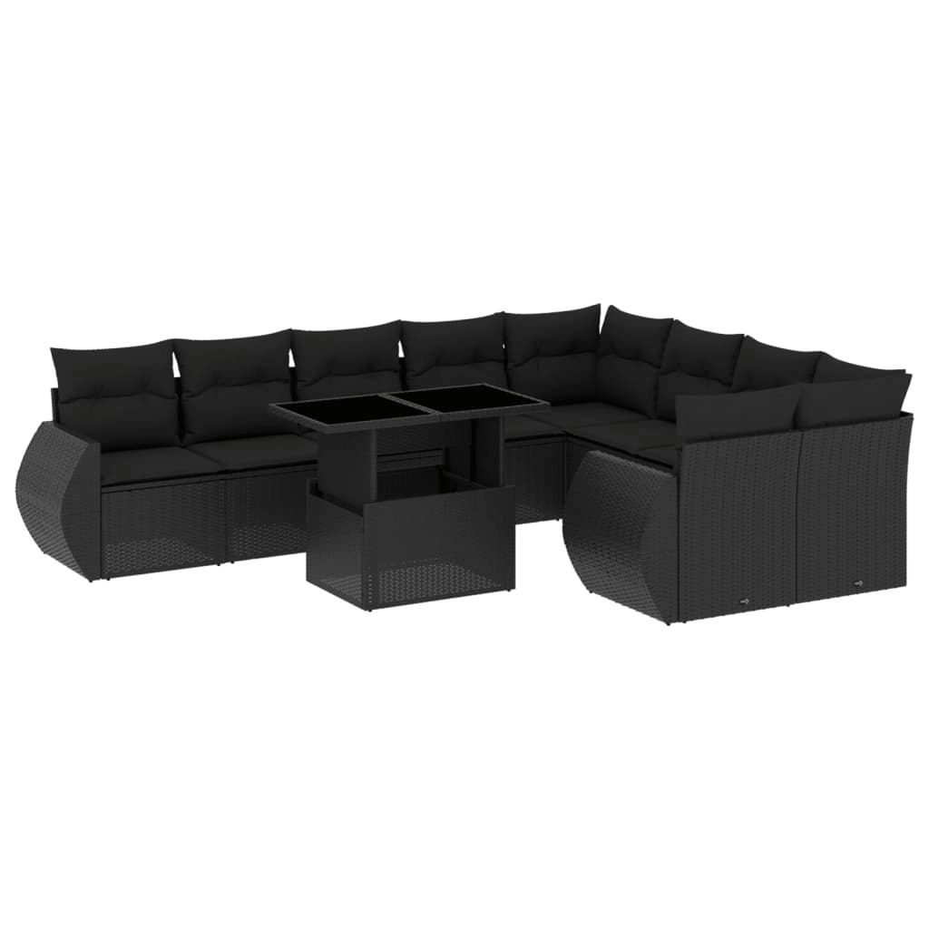 10 Piece Garden Sofa Set with Cushions Black Poly Rattan 3268755