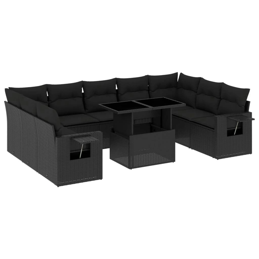 10 Piece Garden Sofa Set with Cushions Black Poly Rattan 3268105