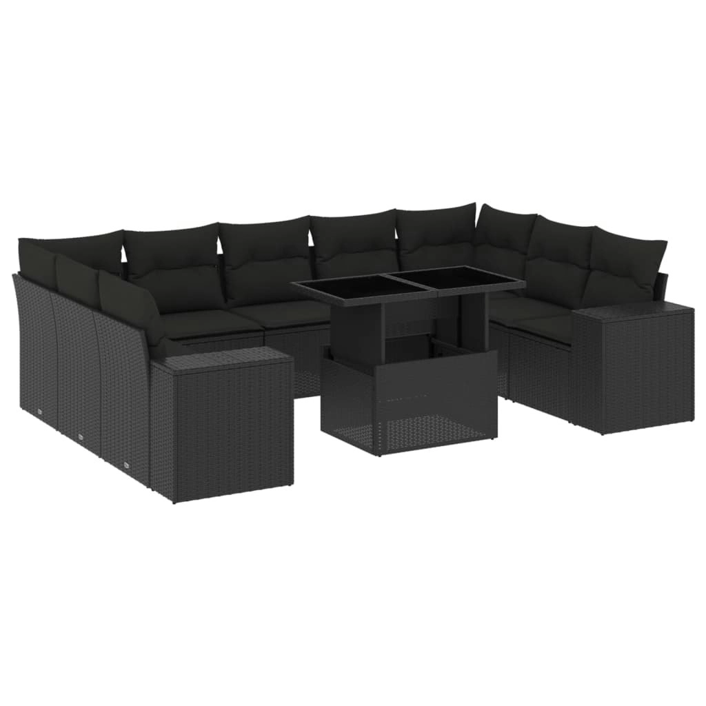 10 Piece Garden Sofa Set with Cushions Black Poly Rattan 3269365