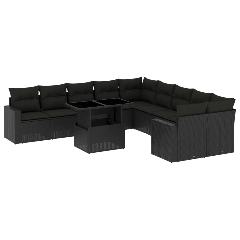 11 Piece Garden Sofa Set with Cushions Black Poly Rattan 3267535