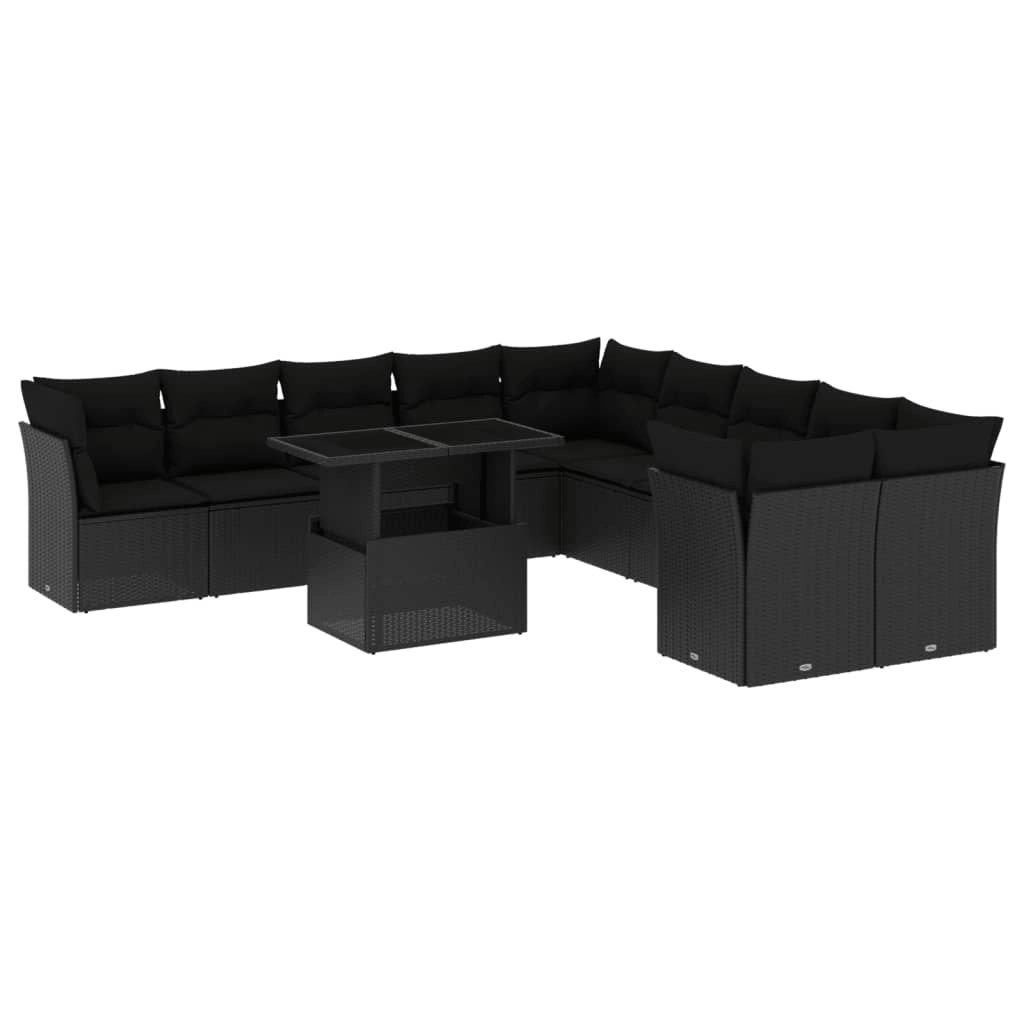 11 Piece Garden Sofa Set with Cushions Black Poly Rattan 3266875