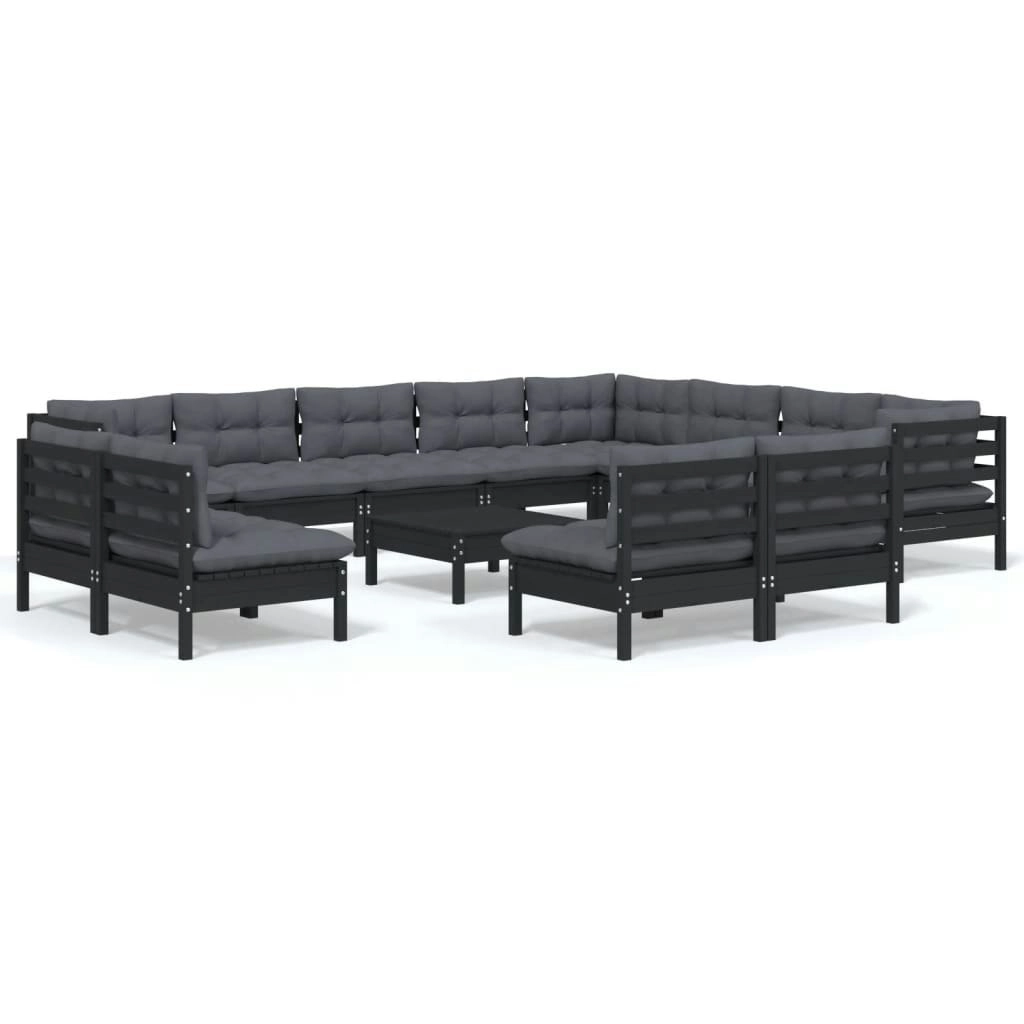 13 Piece Garden Lounge Set with Cushions Black Solid Pinewood 3096885