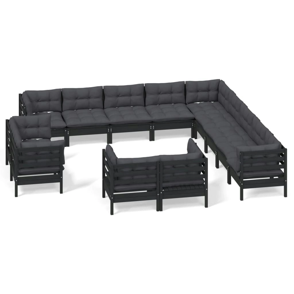 13 Piece Garden Lounge Set with Cushions Black Solid Pinewood 3096963