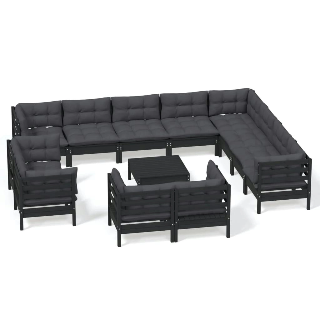 13 Piece Garden Lounge Set with Cushions Black Solid Pinewood 3096957