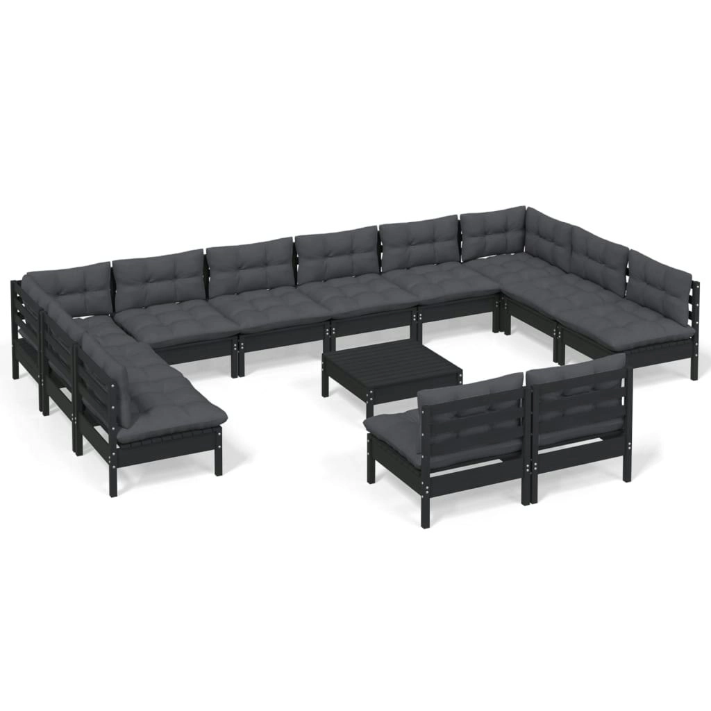 13 Piece Garden Lounge Set with Cushions Black Solid Pinewood 3097233