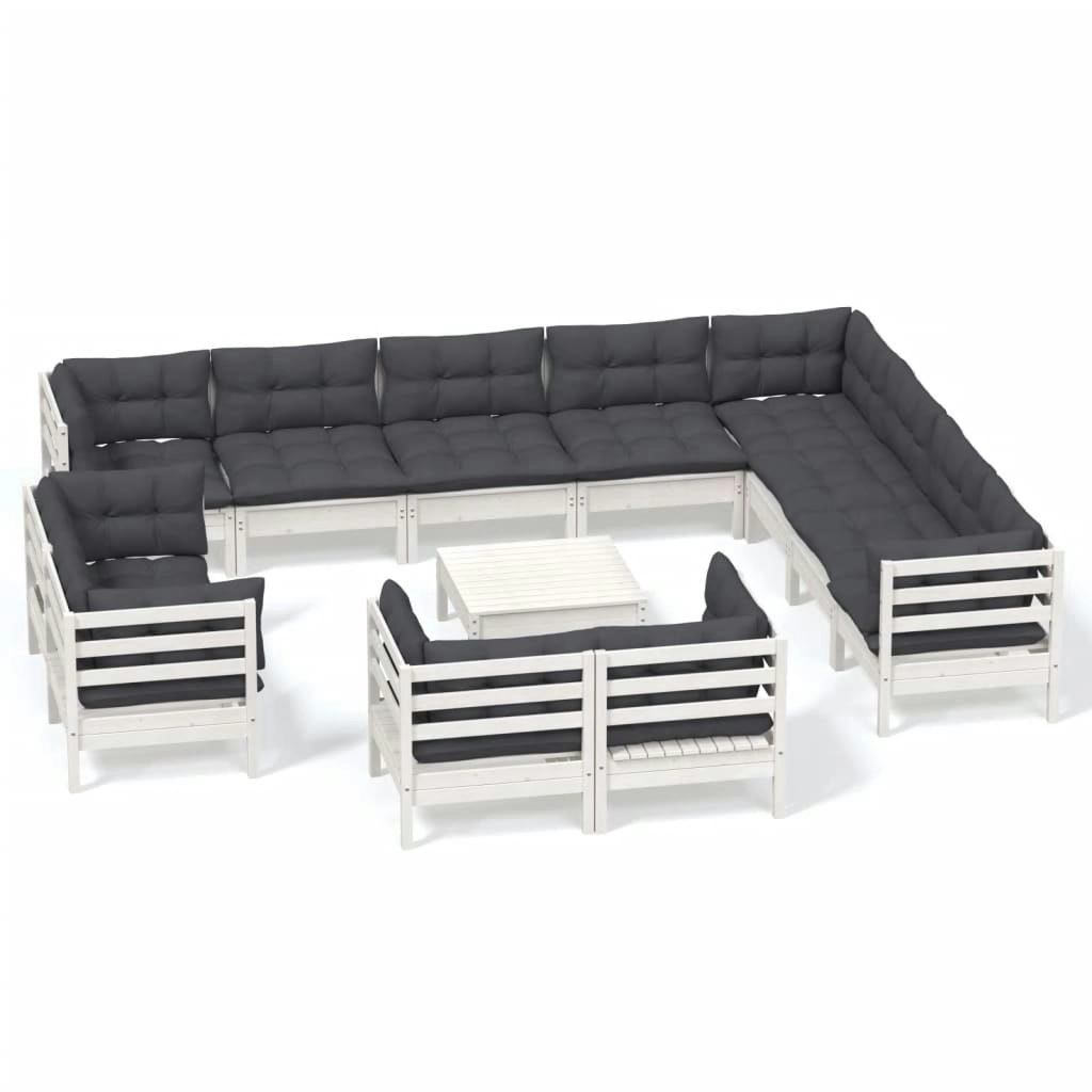 13 Piece Garden Lounge Set with Cushions White Solid Pinewood 3096954