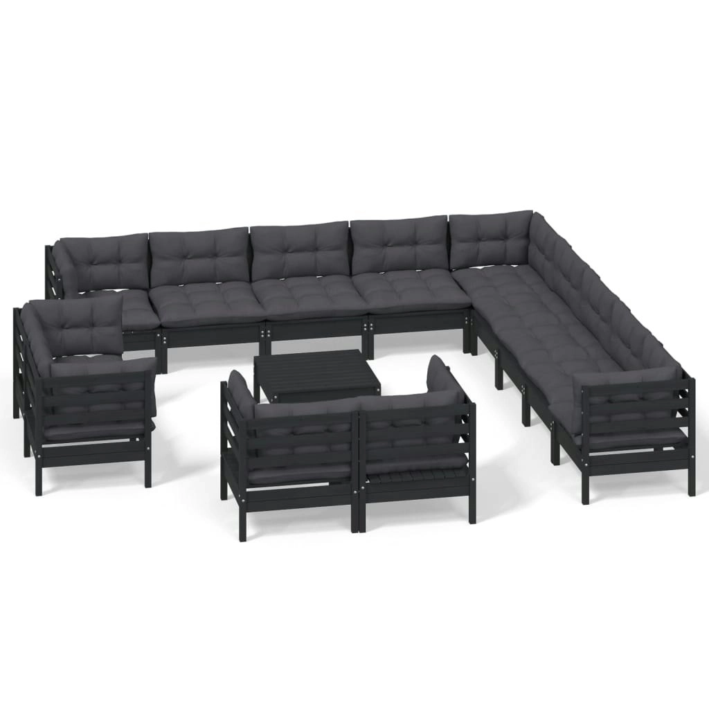 14 Piece Garden Lounge Set with Cushions Black Solid Pinewood 3096969