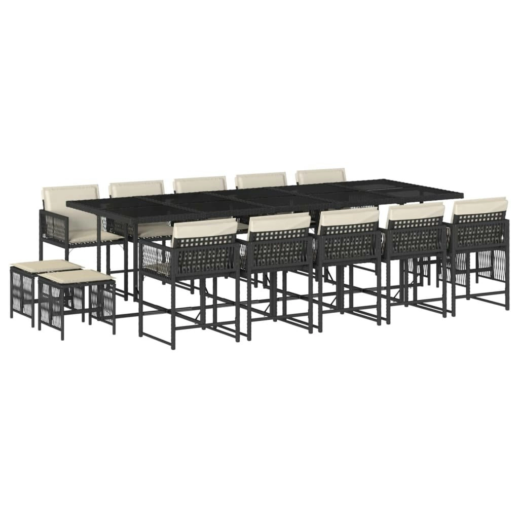 15 Piece Garden Dining Set with Cushions Black Poly Rattan 3211530