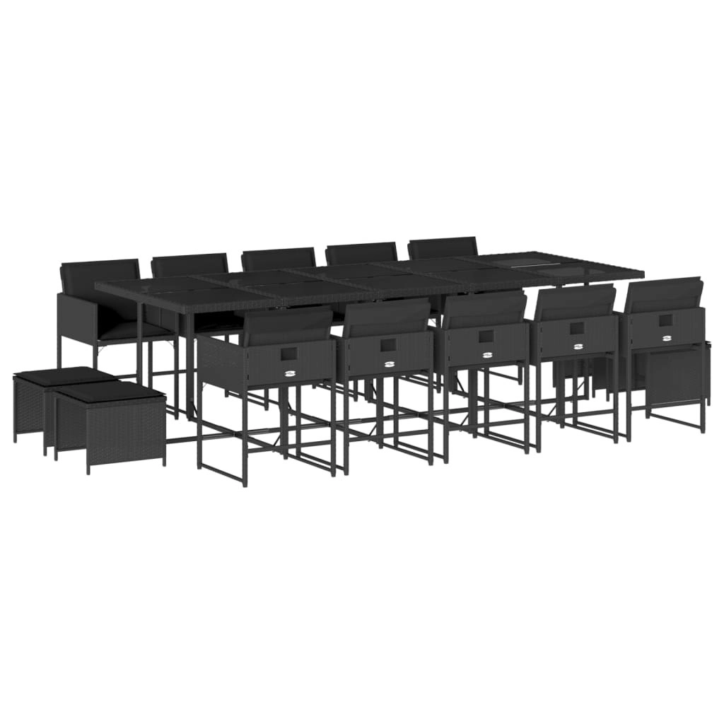 15 Piece Garden Dining Set with Cushions Black Poly Rattan 3211351