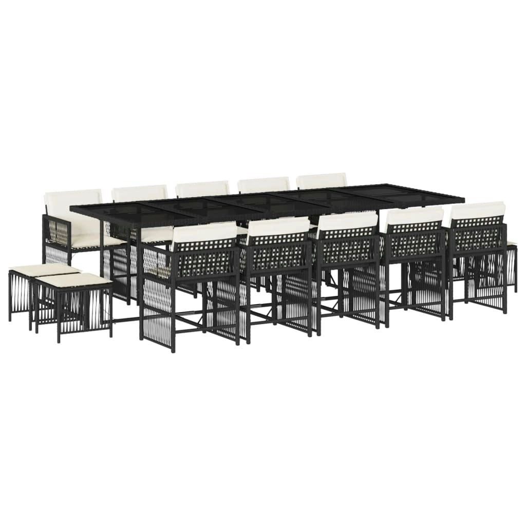 15 Piece Garden Dining Set with Cushions Black Poly Rattan 3211710