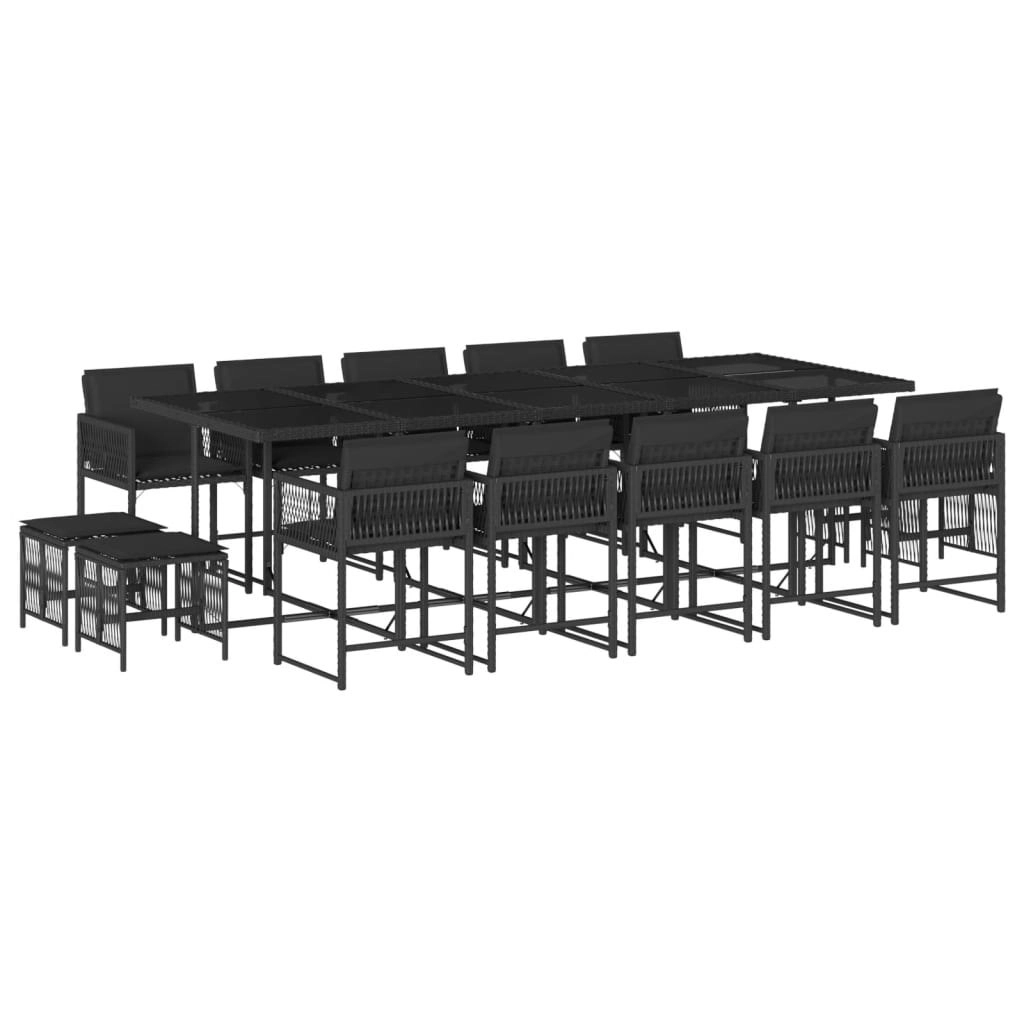 15 Piece Garden Dining Set with Cushions Black Poly Rattan 3211531