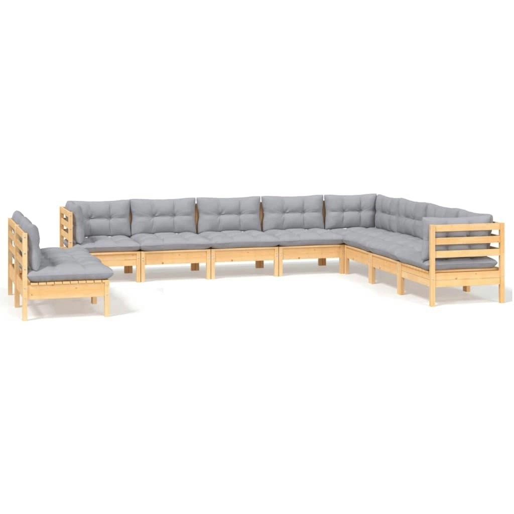 10 Piece Garden Lounge Set with Grey Cushions Solid Pinewood 3096838