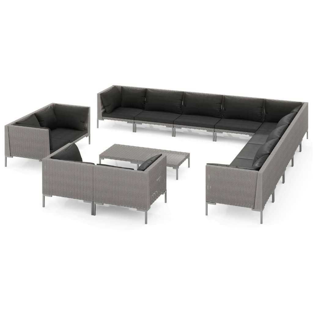 14 Piece Garden Lounge Set with Cushions Poly Rattan Dark Grey 3099907