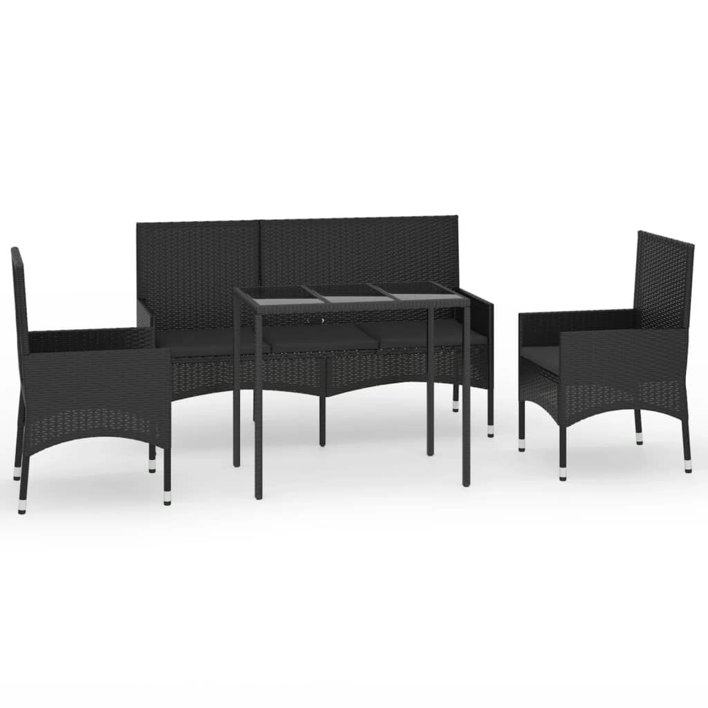 4 Piece Garden Lounge Set with Cushions Black Poly Rattan 319506