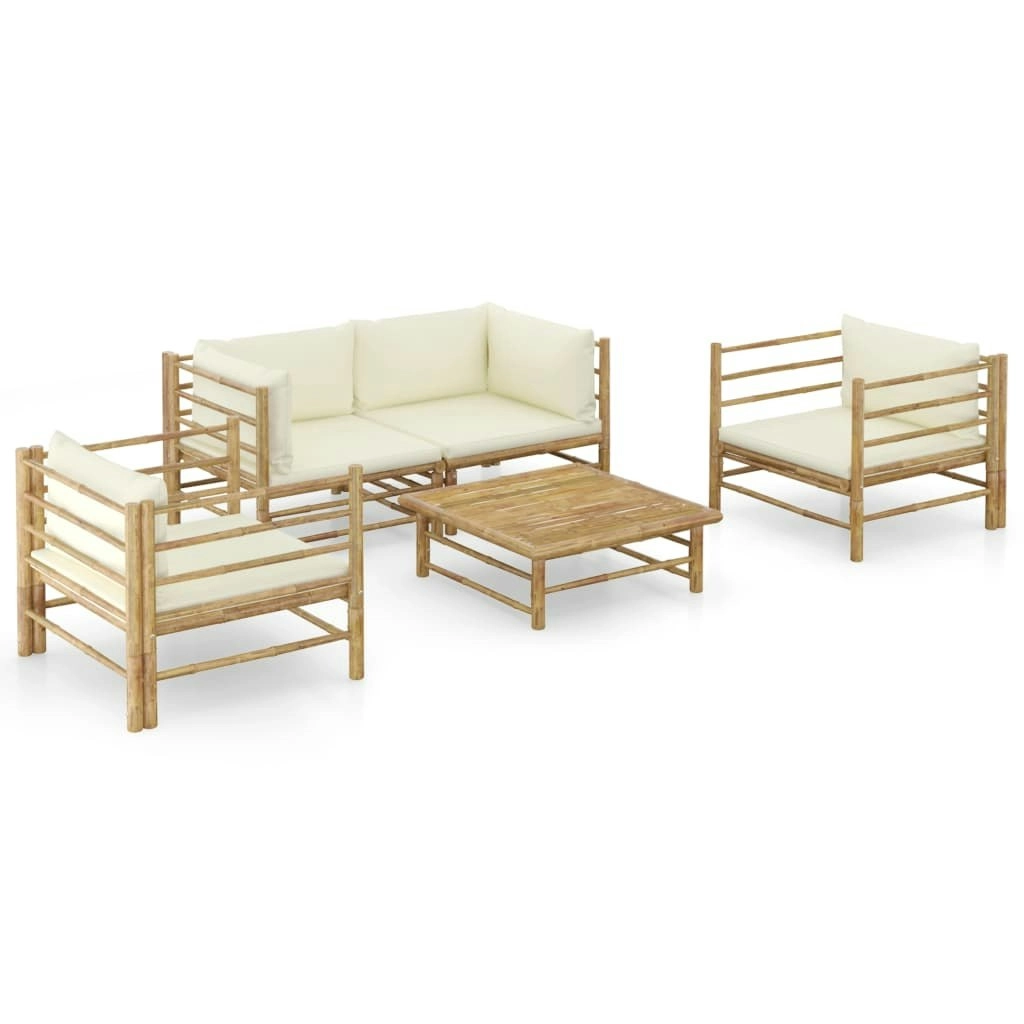 5 Piece Garden Lounge Set with Cream White Cushions Bamboo 3058207