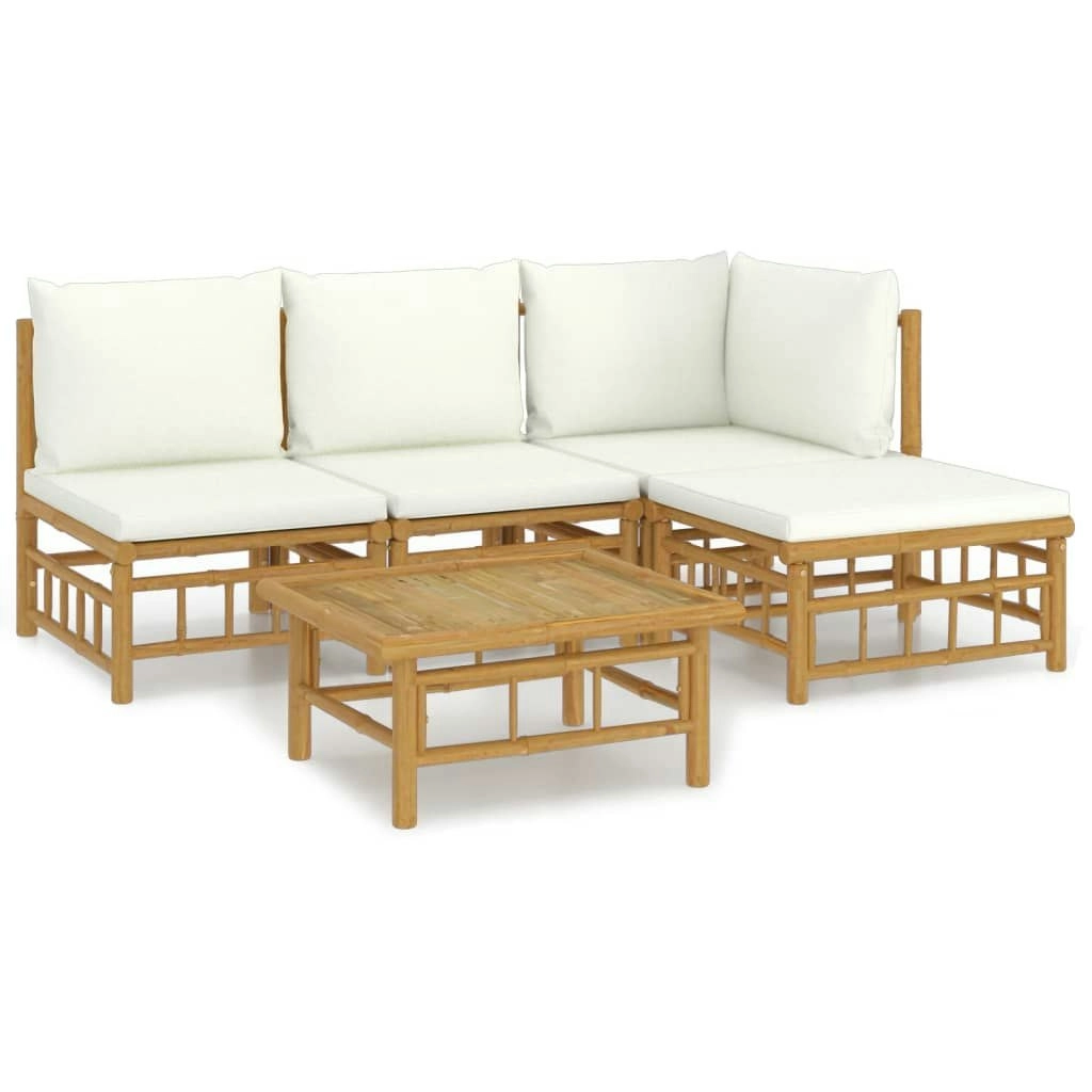 5 Piece Garden Lounge Set with Cream White Cushions  Bamboo 3155177