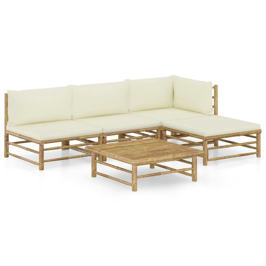 5 Piece Garden Lounge Set with Cream White Cushions Bamboo 3058191