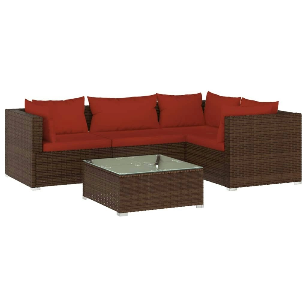 5 Piece Garden Lounge Set with Cushions Poly Rattan Brown 3101683