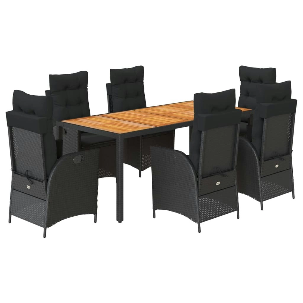 7 Piece Garden Dining Set with Cushions Black Poly Rattan 3213100