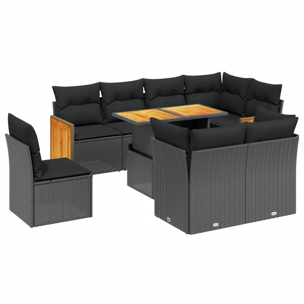 9 Piece Garden Sofa Set with Cushions Black Poly Rattan 3274051