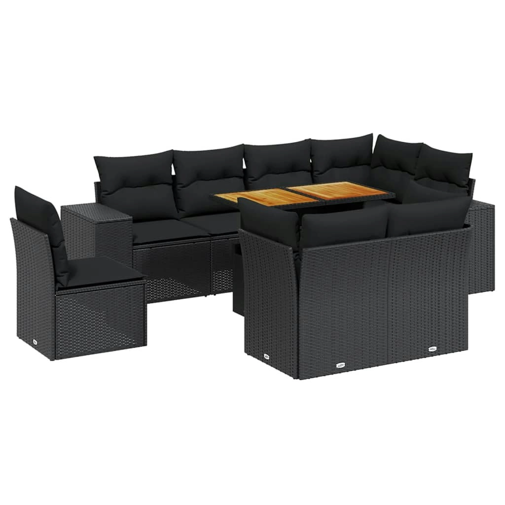 9 Piece Garden Sofa Set with Cushions Black Poly Rattan 3272728