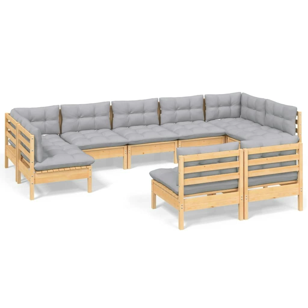 9 Piece Garden Lounge Set with Grey Cushions Solid Pinewood 3097198