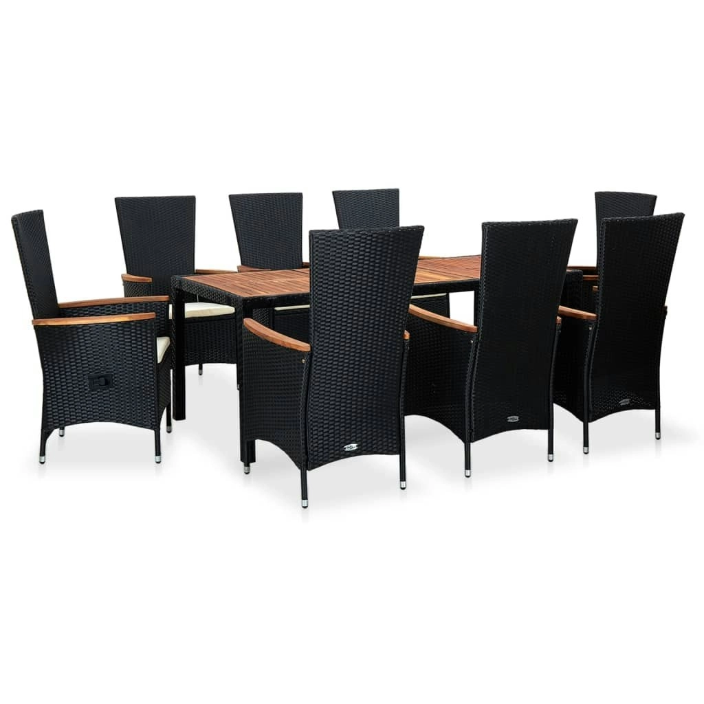 9 Piece Outdoor Dining Set Poly Rattan Acacia Wood Black 48014