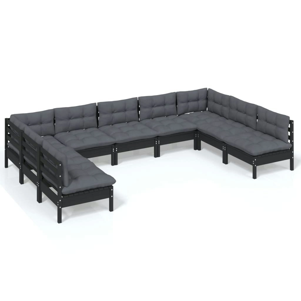 9 Piece Garden Lounge Set with Cushions Black Solid Pinewood 3097179