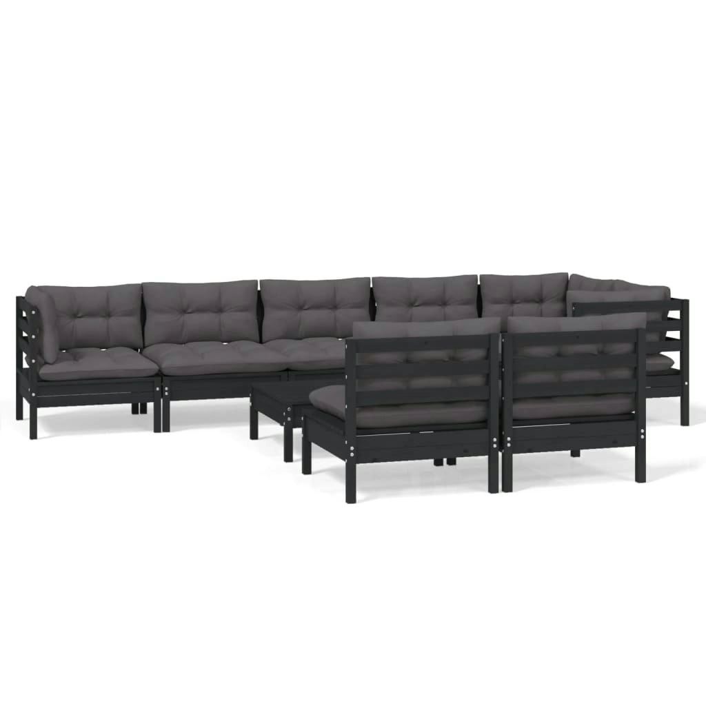 9 Piece Garden Lounge Set with Cushions Black Solid Pinewood 3096464