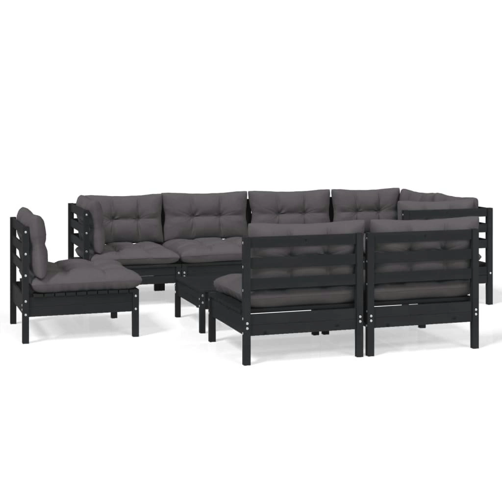 9 Piece Garden Lounge Set with Cushions Black Solid Pinewood 3096476