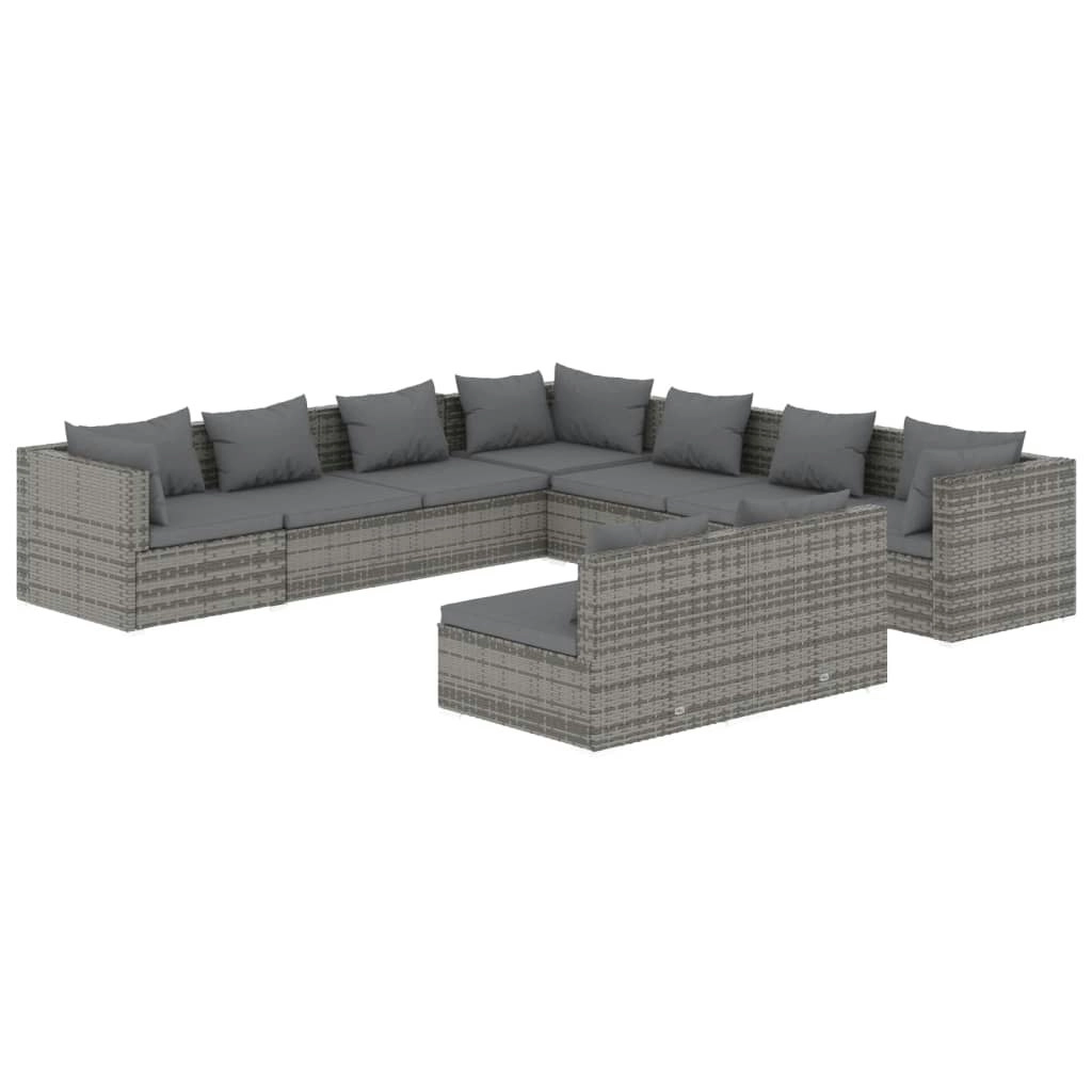 9 Piece Garden Lounge Set with Cushions Grey Poly Rattan 3102421