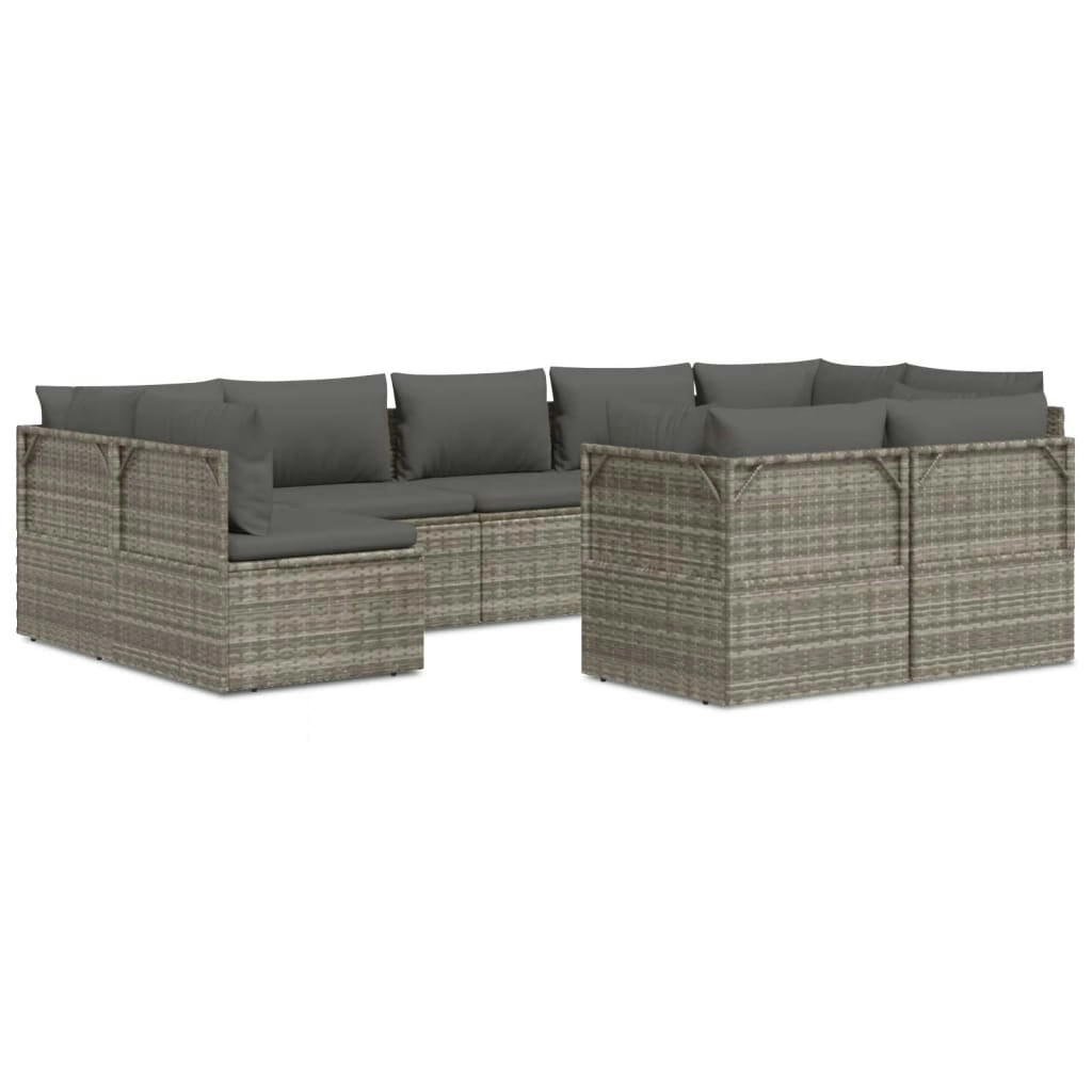 9 Piece Garden Lounge Set with Cushions Grey Poly Rattan 3157351