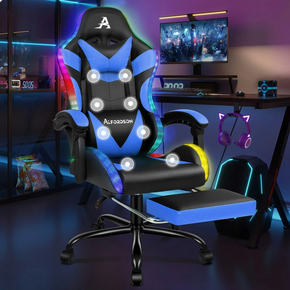 Alfordson Gaming Chair Office Massage 12 RGB LED Computer Seat PU Leather Blue