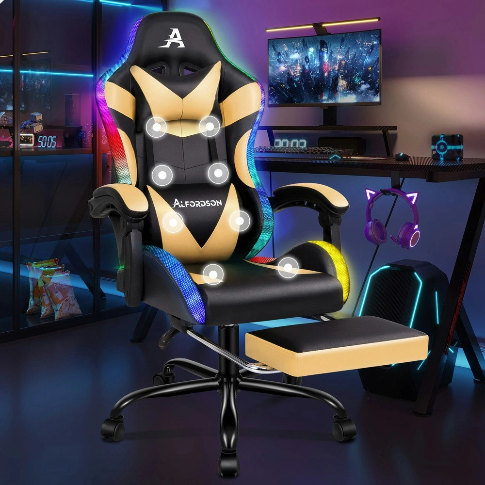 Alfordson Gaming Chair Office Massage 12 RGB LED Computer Seat PU Leather Gold