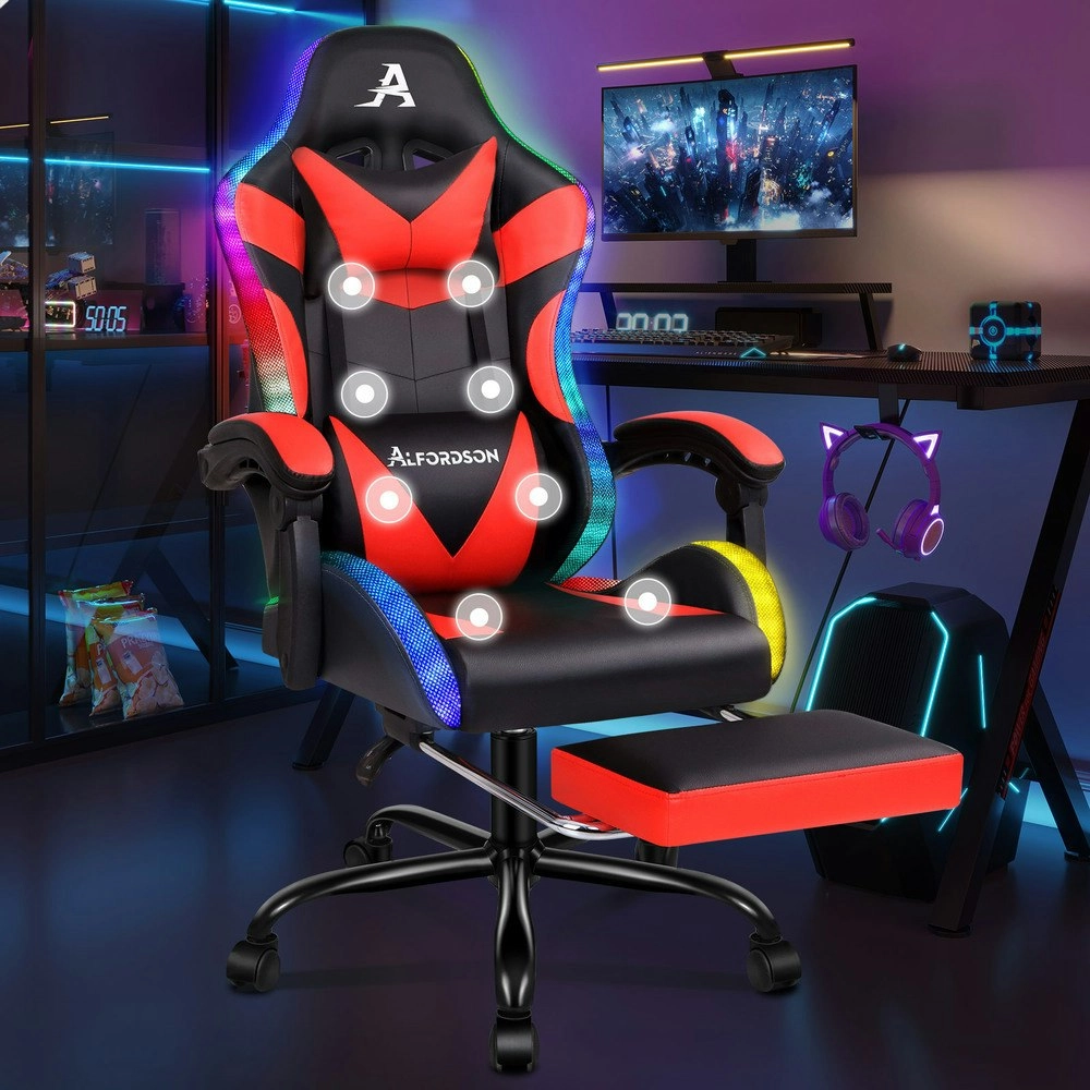 Alfordson Gaming Chair Office Massage 12 RGB LED Computer Seat PU Leather Red