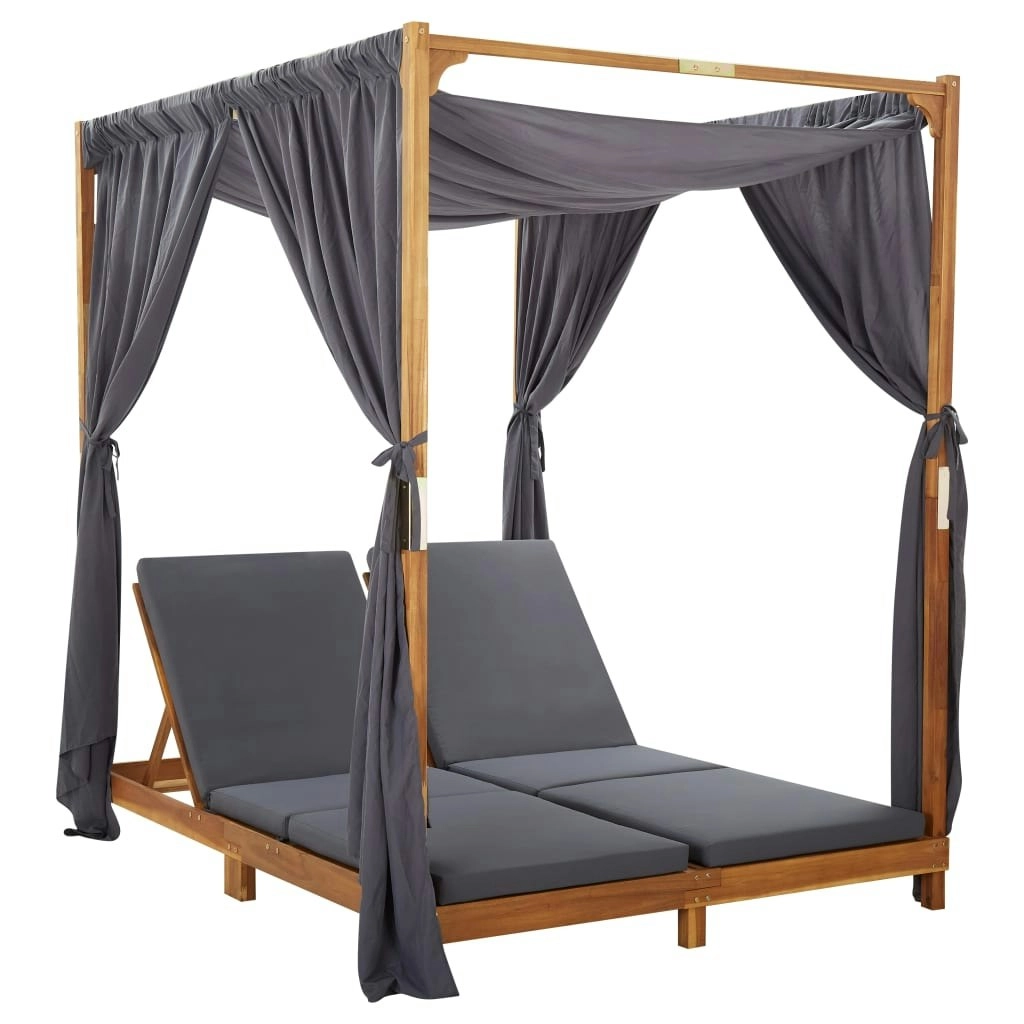 Double Sun Lounger with Curtains & Cushions Solid Acacia Wood 310319