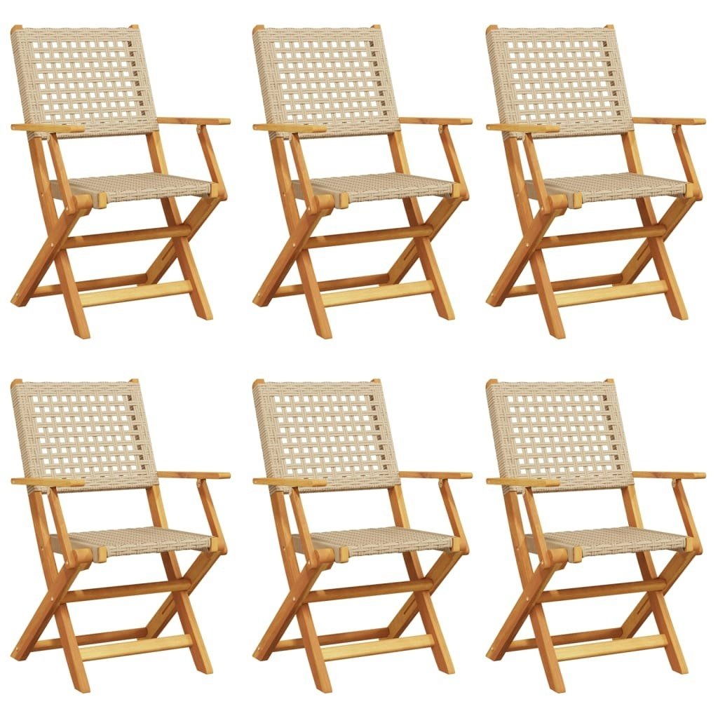 Folding Garden Chairs 6 pcs Beige Poly Rattan and Solid Wood 3214563