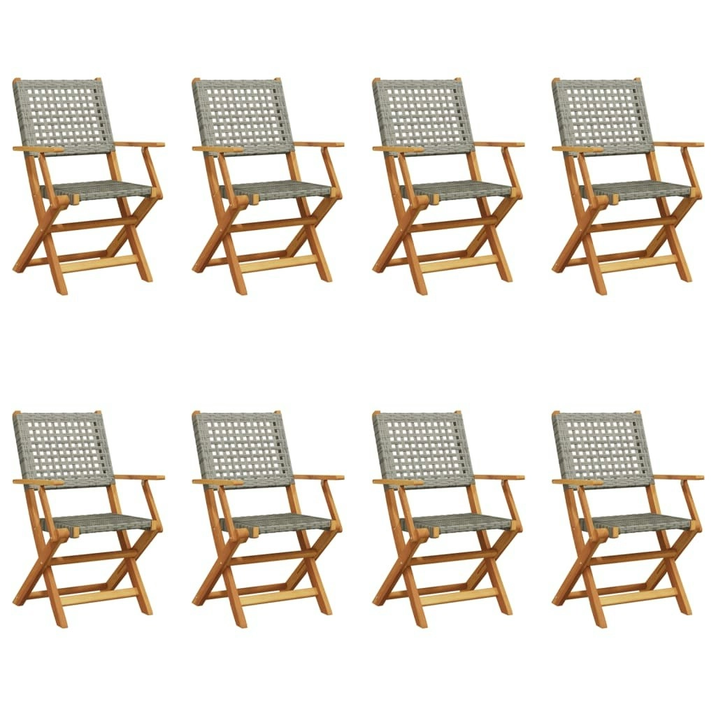 Folding Garden Chairs 8 pcs Grey Poly Rattan and Solid Wood 3214561