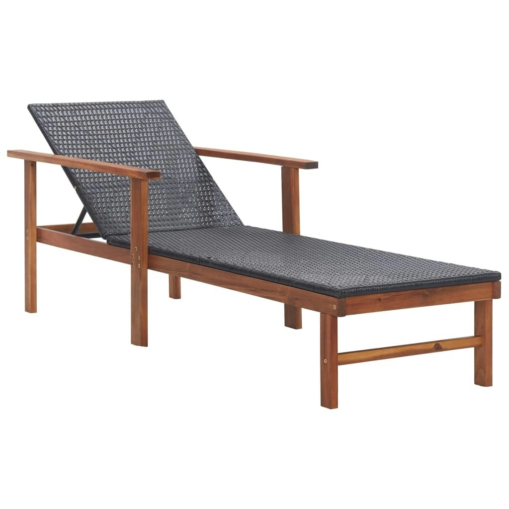 Sun Lounger Poly Rattan and Solid Acacia Wood Black 48706