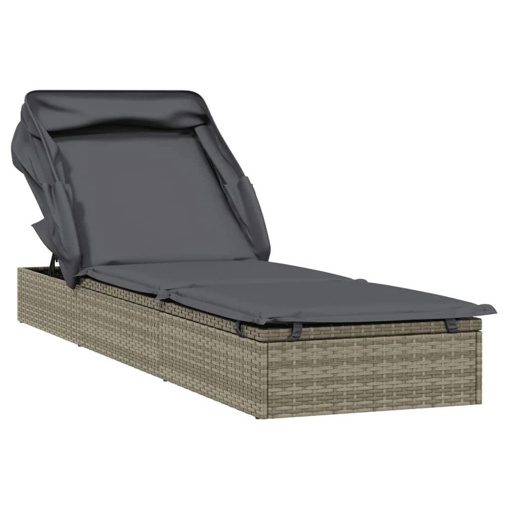 Sunbed with Foldable Roof Grey 213x63x97 cm Poly Rattan 319639